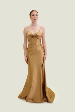 VOGUE Prom 7870 Corset Style Satin Sheath Dress with Slit Vogue Prom 