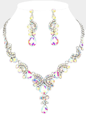 AB Rhinestone Teardrop Swirl Silver Statement Necklace & Earring Set Fashion Jewelry 