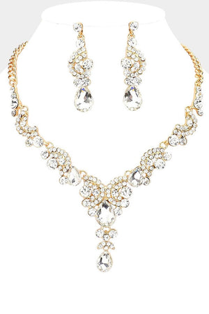 Crystal Rhinesstone Teardrop Swirl Gold Statement Necklace & Earring Set Fashion Jewelry 