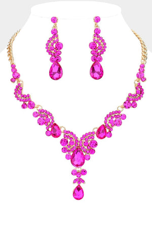 Fuchsia Rhinestone Teardrop Swirl Gold Statement Necklace & Earring Set Fashion Jewelry 