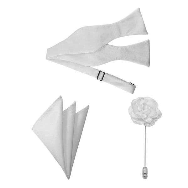 White Satin Bow Tie, Pocket Square & Lapel Pin Set