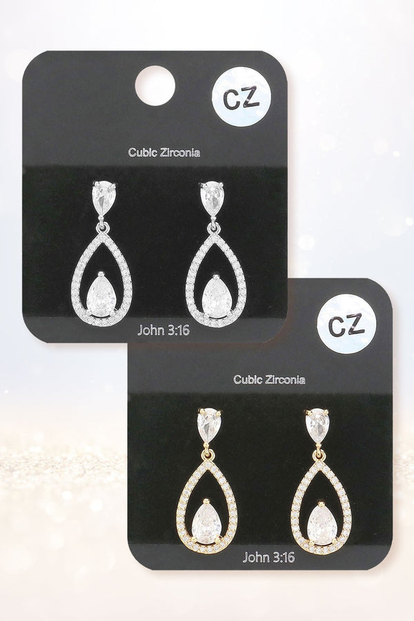 Cubic Zirconia Open Teardrop Petite Earrings - Silver or Gold