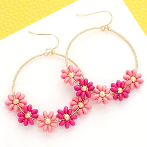 Fuchsia Pink Wood Bead Flower Metal Earrings Boutique on Millstone 