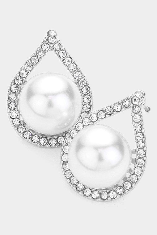 Rhinestone Pave Teardrop Trim Pearl Earrings