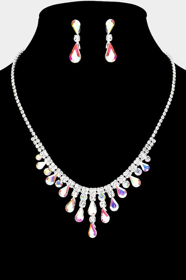 Teardrop Stone Cluster Pointed Rhinestone Paved Necklace and Earring Set