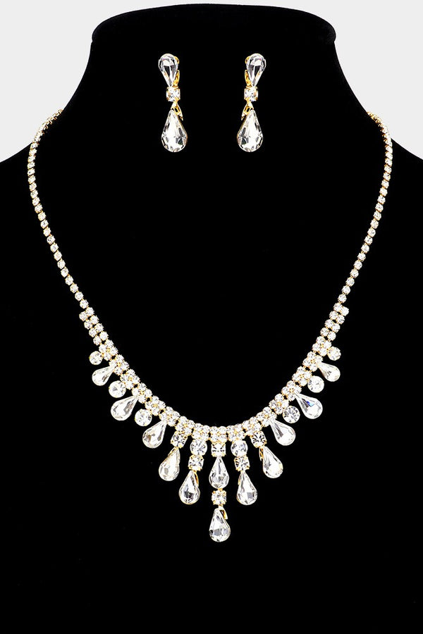 Teardrop Stone Cluster Pointed Rhinestone Paved Necklace and Earring Set