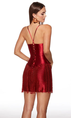 ALYCE Paris 40118 Satin Corset Mini Dress with Beaded Fringe Hem - Formalwear Outlet