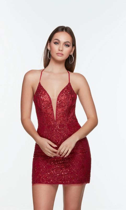 Alyce Paris 4513 Claret Red Glitter Tulle Cocktail Dress