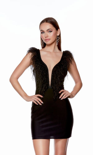 ALYCE Paris 4725 Red Cocktail Dress with Feather Detail - Formalwear Outlet