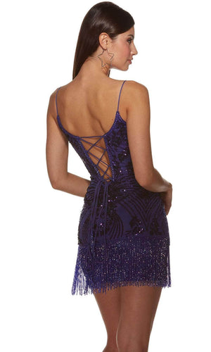 ALYCE Paris 4803 Cobalt Sequin Fitted Cocktail Dress with Fringe Skirt - Formalwear Outlet