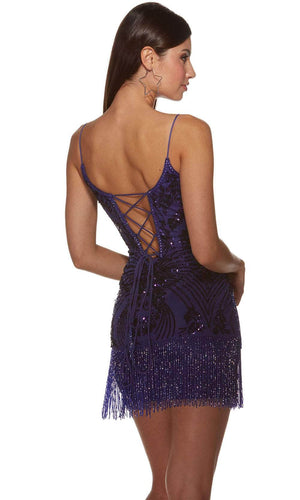 ALYCE Paris 4803 Cobalt Sequin Fitted Cocktail Dress with Fringe Skirt Alyce Paris 