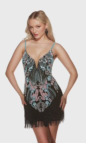 ALYCE Paris 4872 Black Multi Beaded Design Fringe Cocktail Dress - Formalwear Outlet