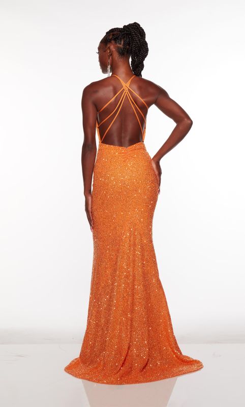 Alyce Paris 61396 Cantaloupe Orange Sequin Dress with Open Criss Cross Back