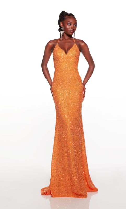 Alyce Paris 61396 Cantaloupe Orange Sequin Dress with Open Criss Cross Back