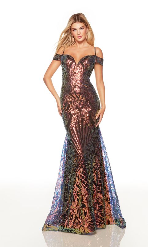 Alyce Paris 61414 Black Multicolor Iridescent Sequin Off the Shoulder Dress