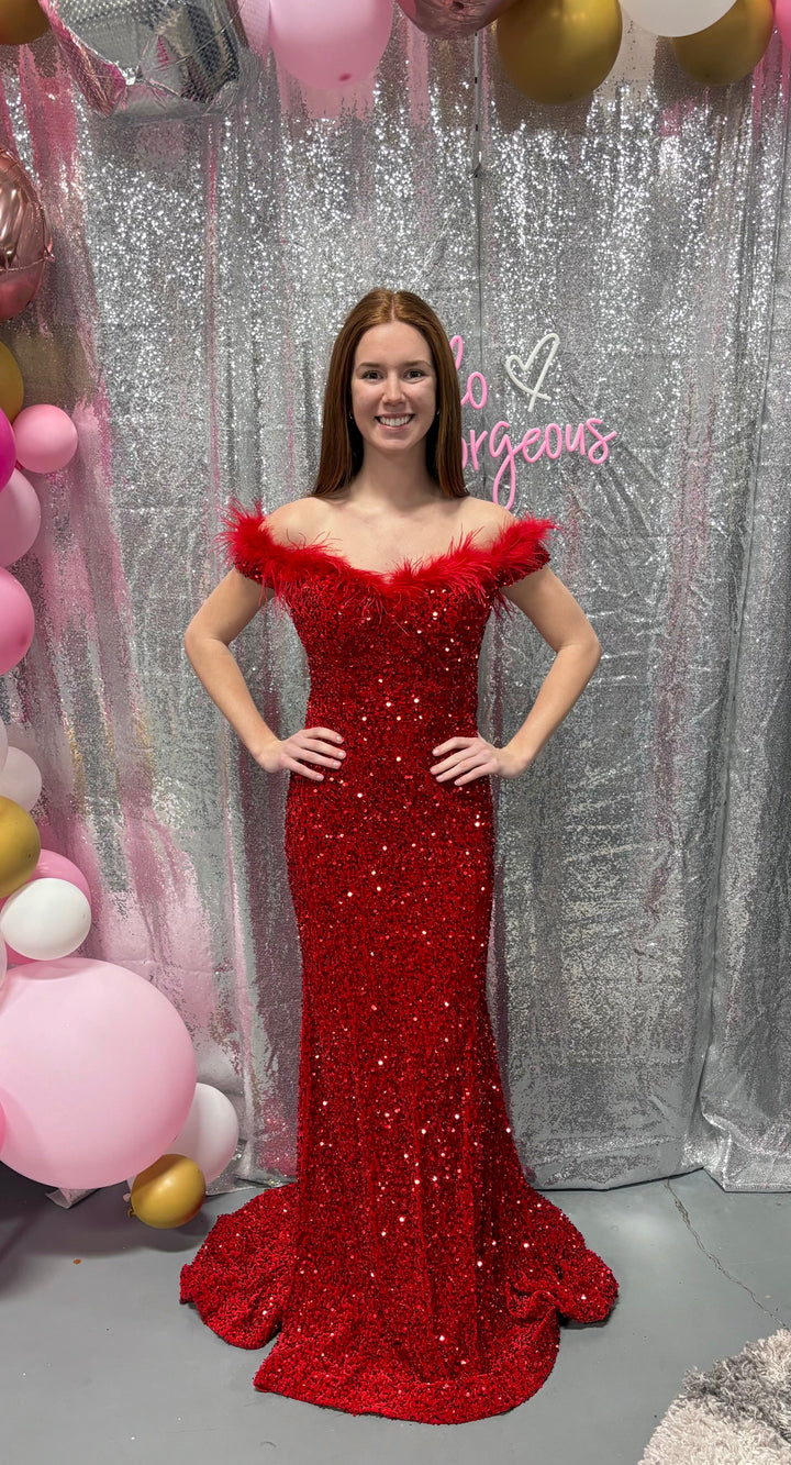 Alyce Paris 61379 Red Sequin Fit-n-Flare Dress with Off the Shoulder Feather Detail - Size 6