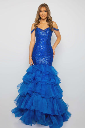 Ava Presley 38915 Royal Off Shoulder Ruffled Mermaid Dress - Formalwear Outlet