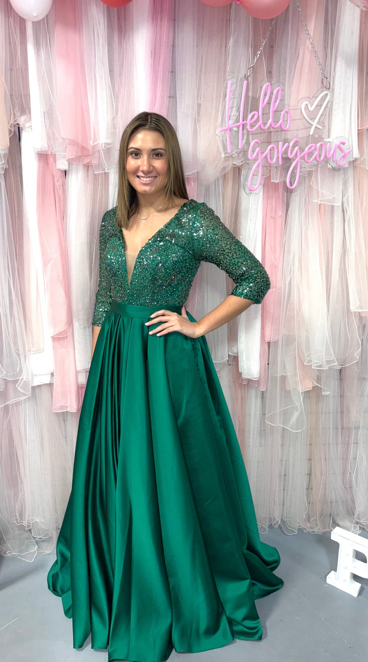 Cecilia Couture 1531 Emerald Green 3/4 Sleeve A-Line Dress