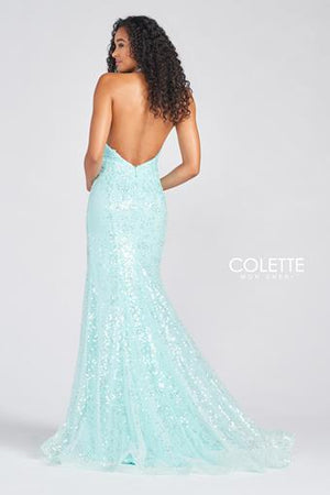 Colette CL12234 Aqua Sequin Halter Fitted Dress