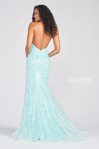 Colette 12234 Aqua Sequin Halter Fitted Dress with Slit