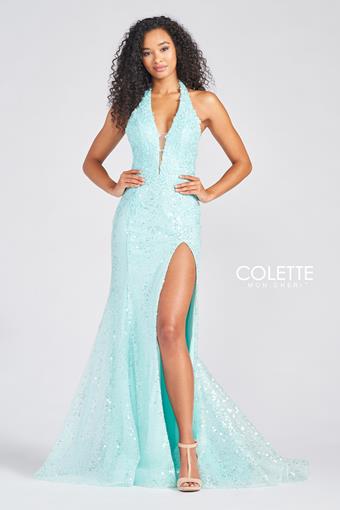 Colette 12234 Aqua Sequin Halter Fitted Dress with Slit