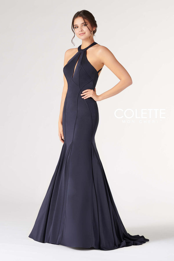 Colette CL19809 Navy Key Hole Neckline Fit-n-Flare Dress