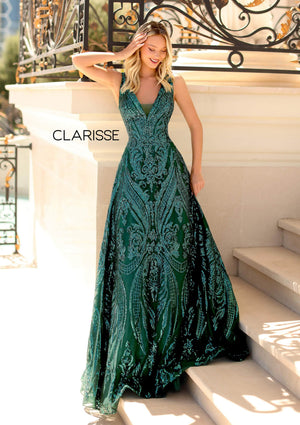 CLARISSE 5105 Plunging V-Neck Sequin Design A-Line Dress Clarisse 