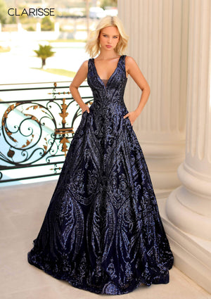 CLARISSE 5105 Plunging V-Neck Sequin Design A-Line Dress Clarisse 
