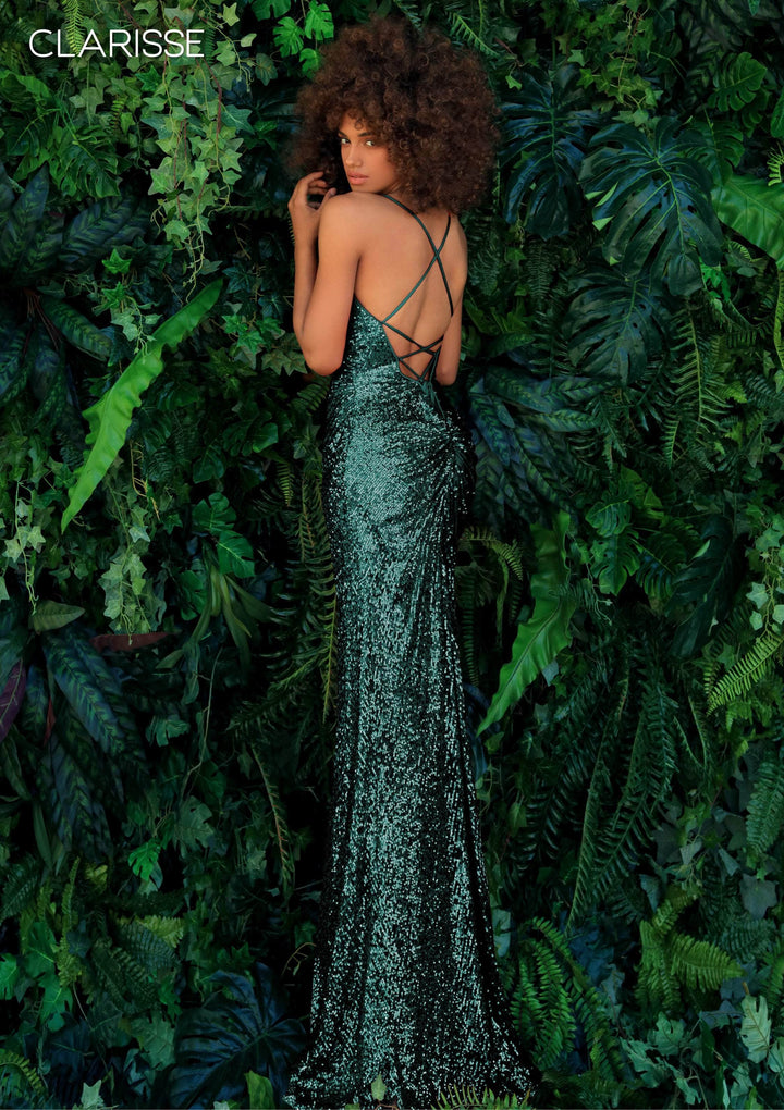 CLARISSE 8005 Forest Green Fitted Sequin Dress with Slit