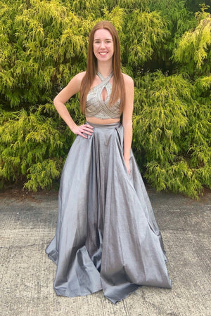 ENVIOUS Couture 1128 Gunmetal Taffeta 2 Piece A-Line Dress - Formalwear Outlet