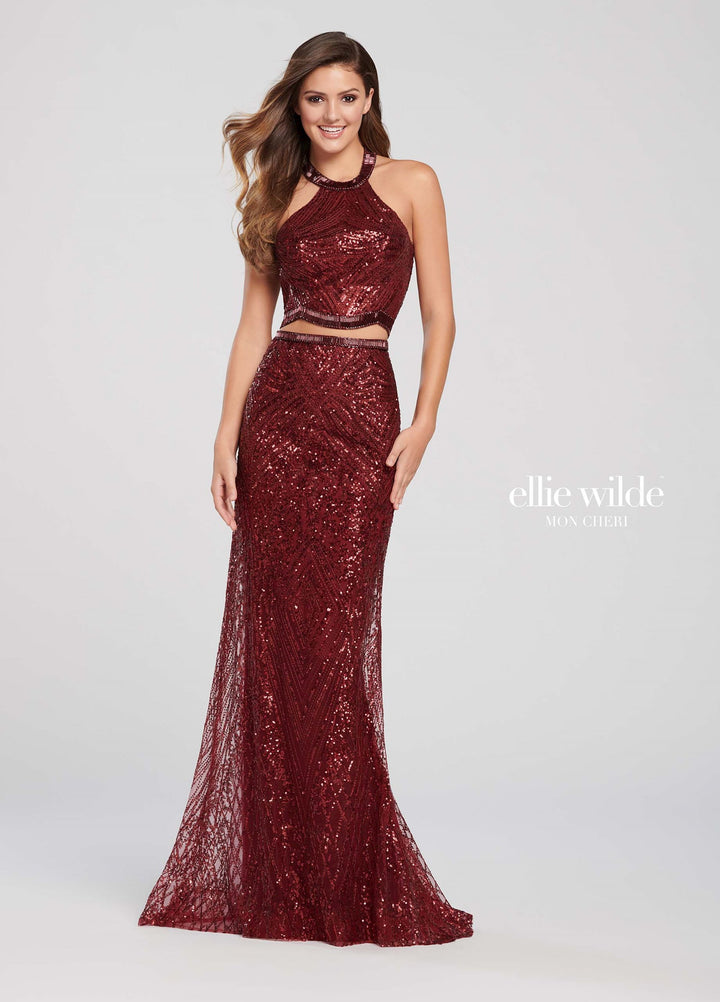 Ellie Wilde 119179 Burgundy Wine 2 Piece Sequin Dress