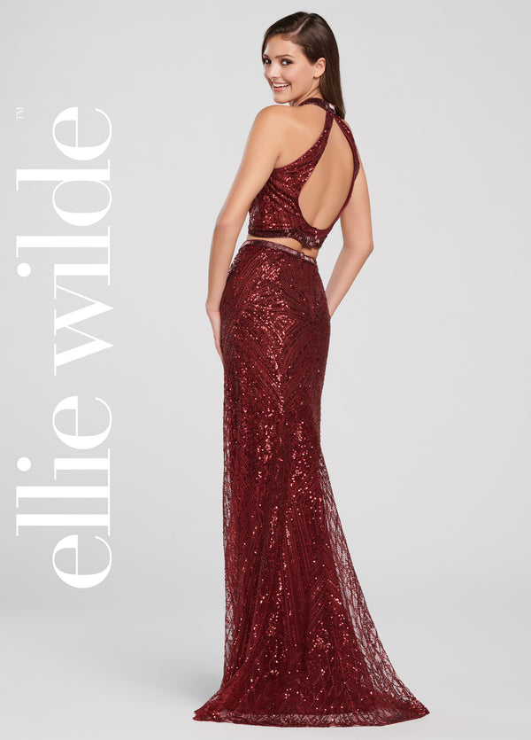 Ellie Wilde 119179 Burgundy Wine 2 Piece Sequin Dress