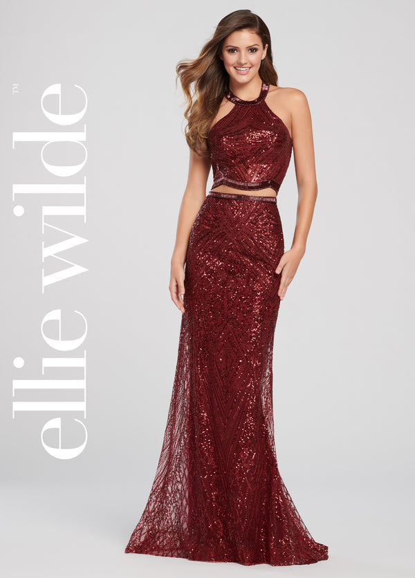 Ellie Wilde 119179 Burgundy Wine 2 Piece Sequin Dress
