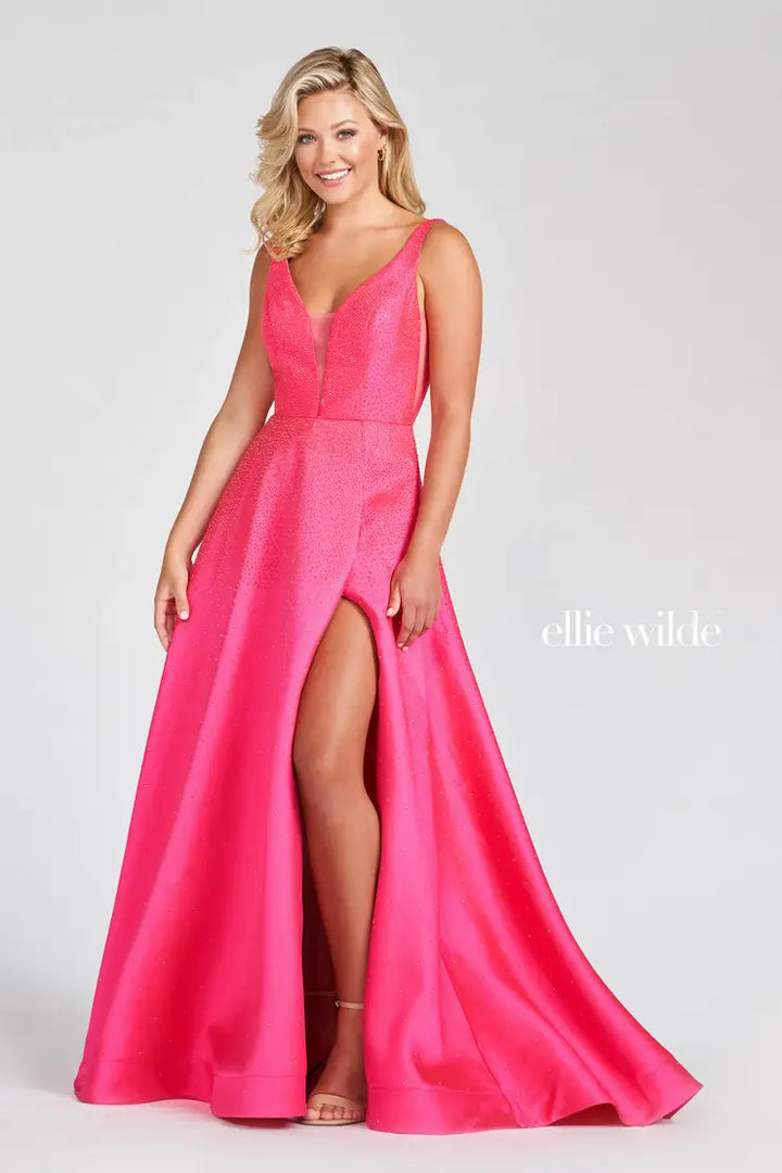Ellie Wilde 122021 Hot Pink A-Line Mikado Dress with Slit