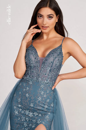 Ellie Wilde EW34058 Steel Blue Fitted Dress with Detachable Skirt Ellie Wilde 