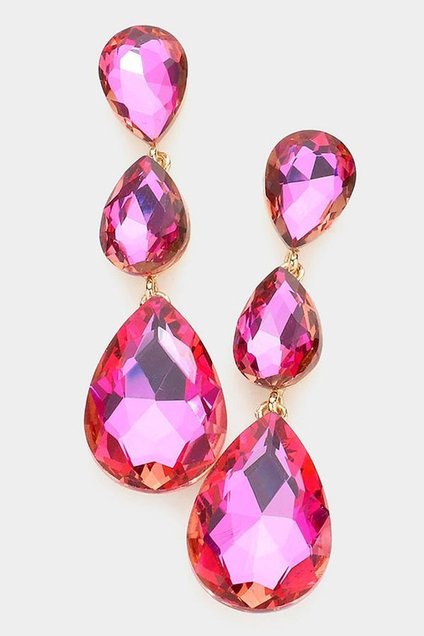 Triple Glass Crystal Teardrop Earrings - Fuchsia, Aqua, Violet, Light Pink or Gunmetal