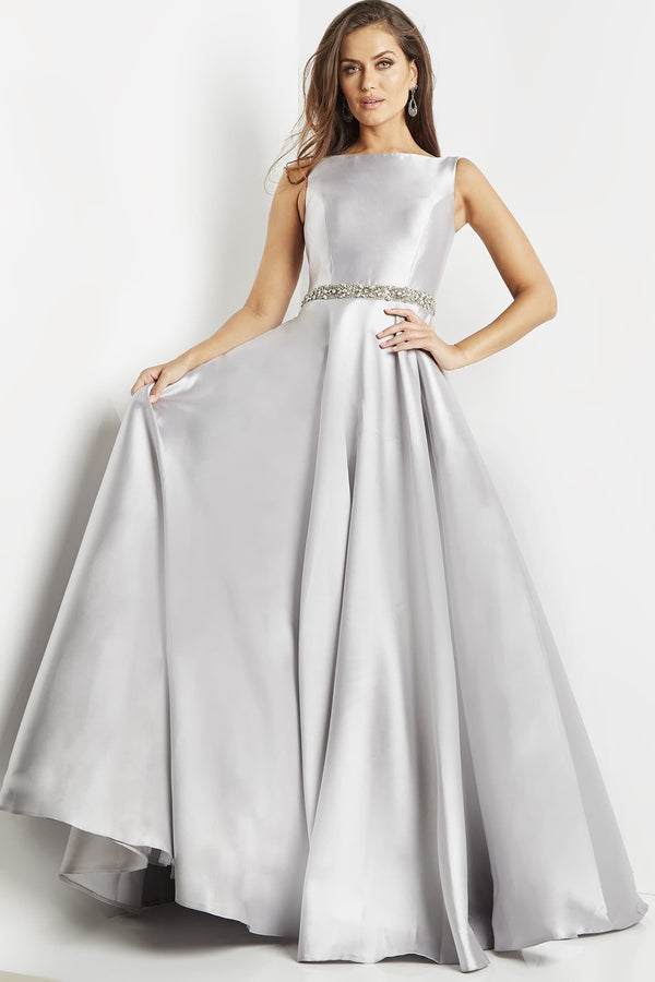 JOVANI 09077 Silver Mikado Modest A-Line Evening Gown