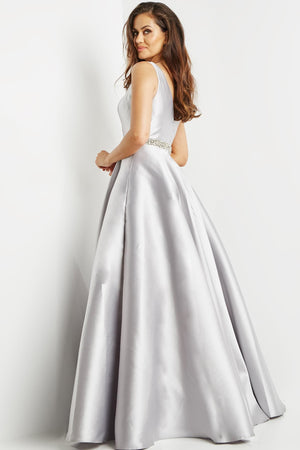 JOVANI 09077 Silver Mikado Modest A-Line Dress