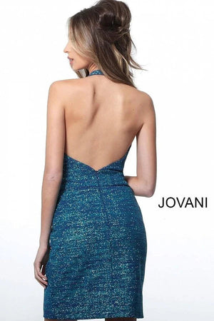 JOVANI 1352 Peacock Halter V-Neck Short Fitted Dress *FINAL SALE* Jovani 