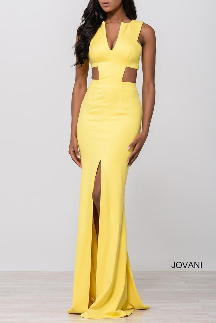 JOVANI 39348 Yellow Jersey V-Neck Dress with Side Cut Outs and  Center Slit