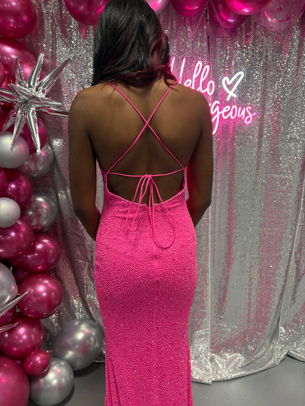 JVN by Jovani 22915 Hot Pink Beaded Cowl Neck Dress JVN by Jovani 