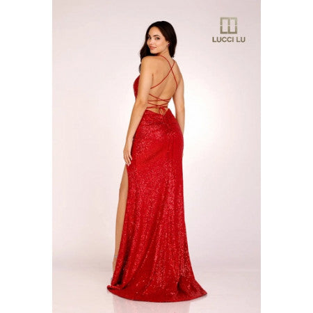 Lucci Lu 1269 Sequin Cowl Neck Lace Up Dress Lucci Lu 