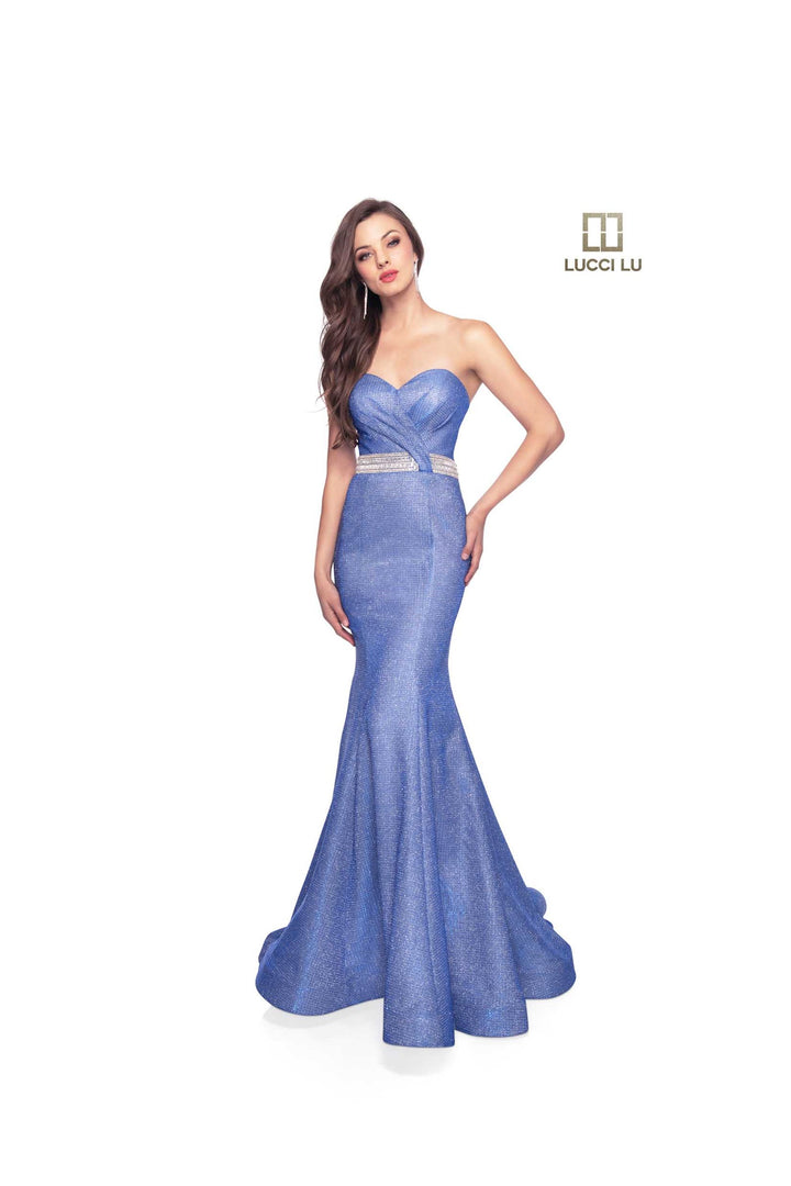 Lucci Lu 28036 Cobalt Strapless Metallic Shimmer Fabric Fit-n-Flare Dress