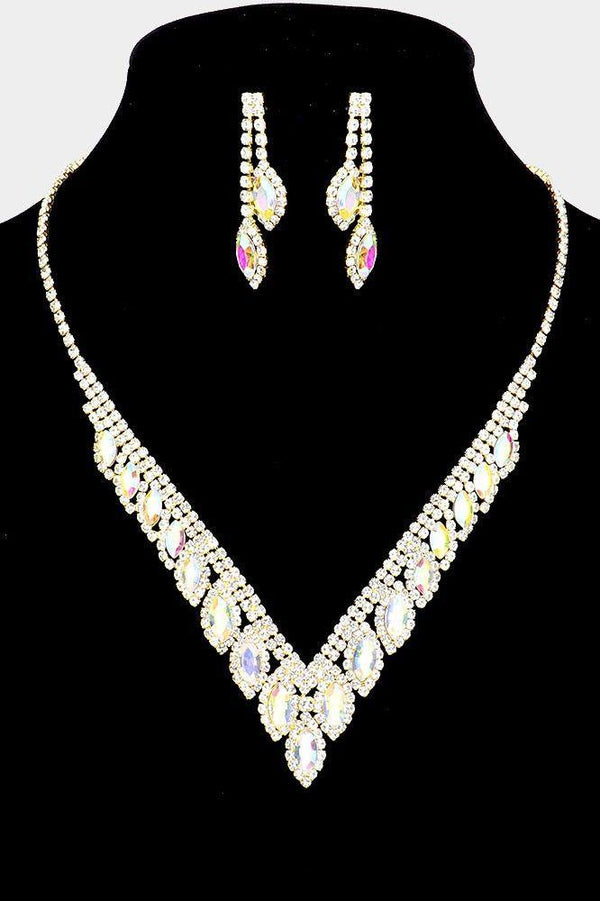 Iridescent Marquise Rhinestone Drop V Gold Necklace and Earring Set
