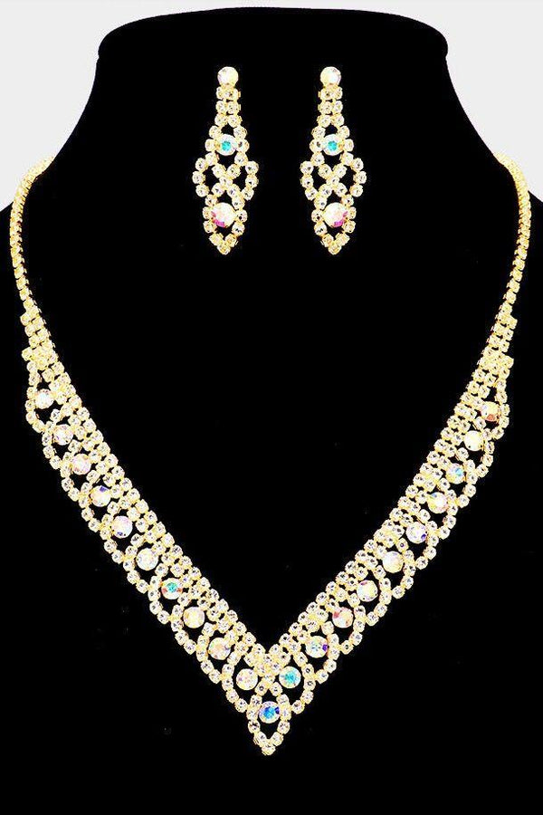 Round Stone Rhinestone Gold Tone Necklace and Earring Set