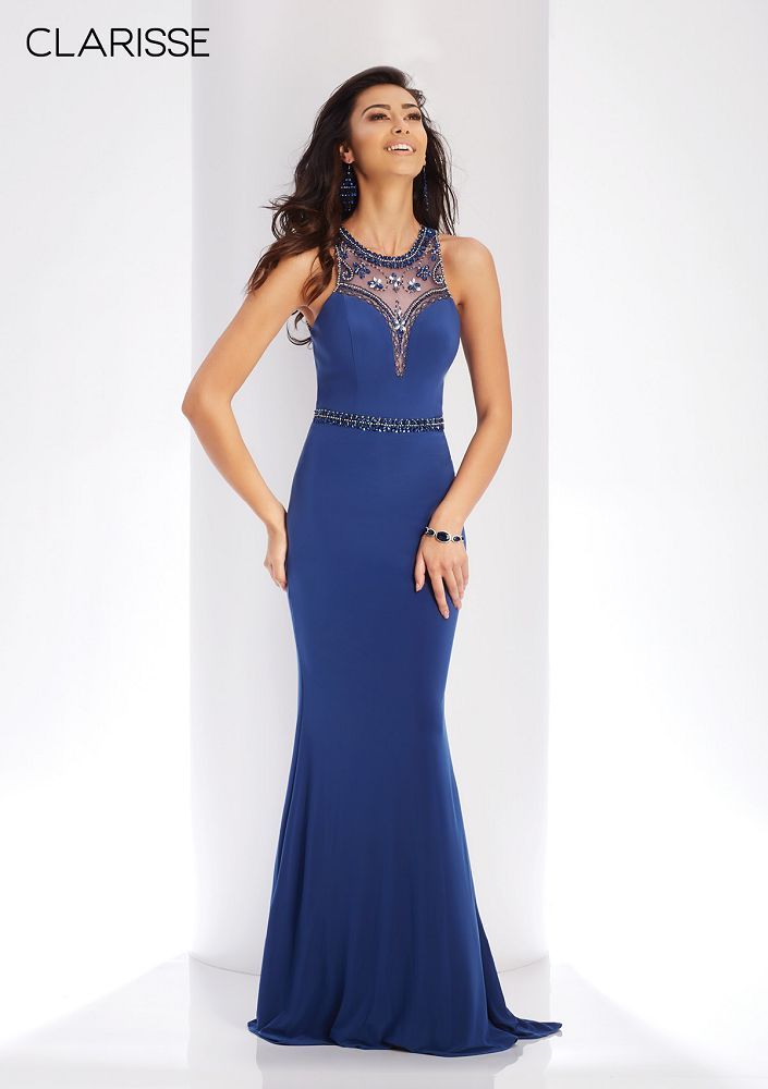 Clarisse 3511 Marine Blue Beaded High Neck Fitted Dress
