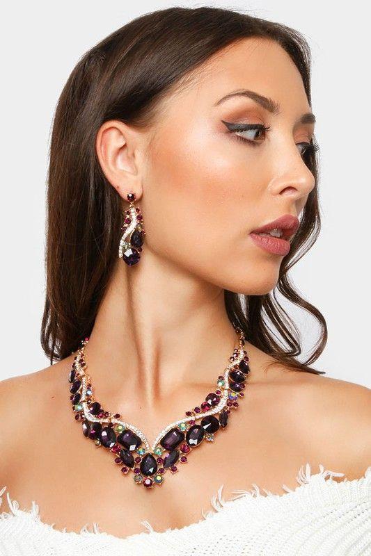 Purple Crystal Rhinestone Statement Necklace and Earring Set
