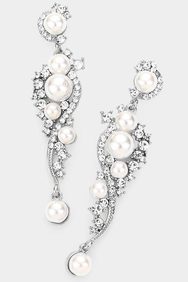 Pearl Accented Crystal Rhinestone Silver Earring