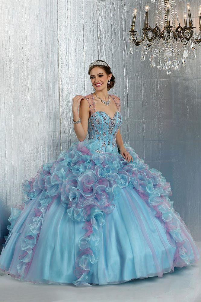 Da Vinci Quinceañera Dress 80276 Aqua Blue w/ Fuchsia - Size 10