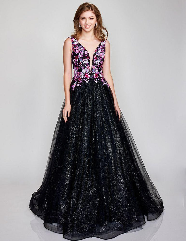NINA CANACCI 3184 BLACK MULTI Shimmer Tulle Ballgown with Floral Bodice